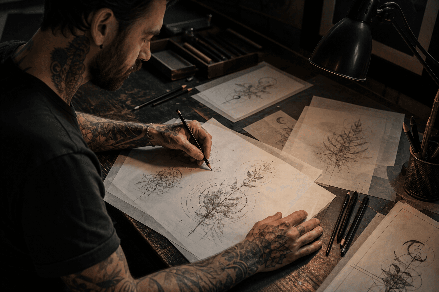 Tattoo artist sketching designs at a studio desk
