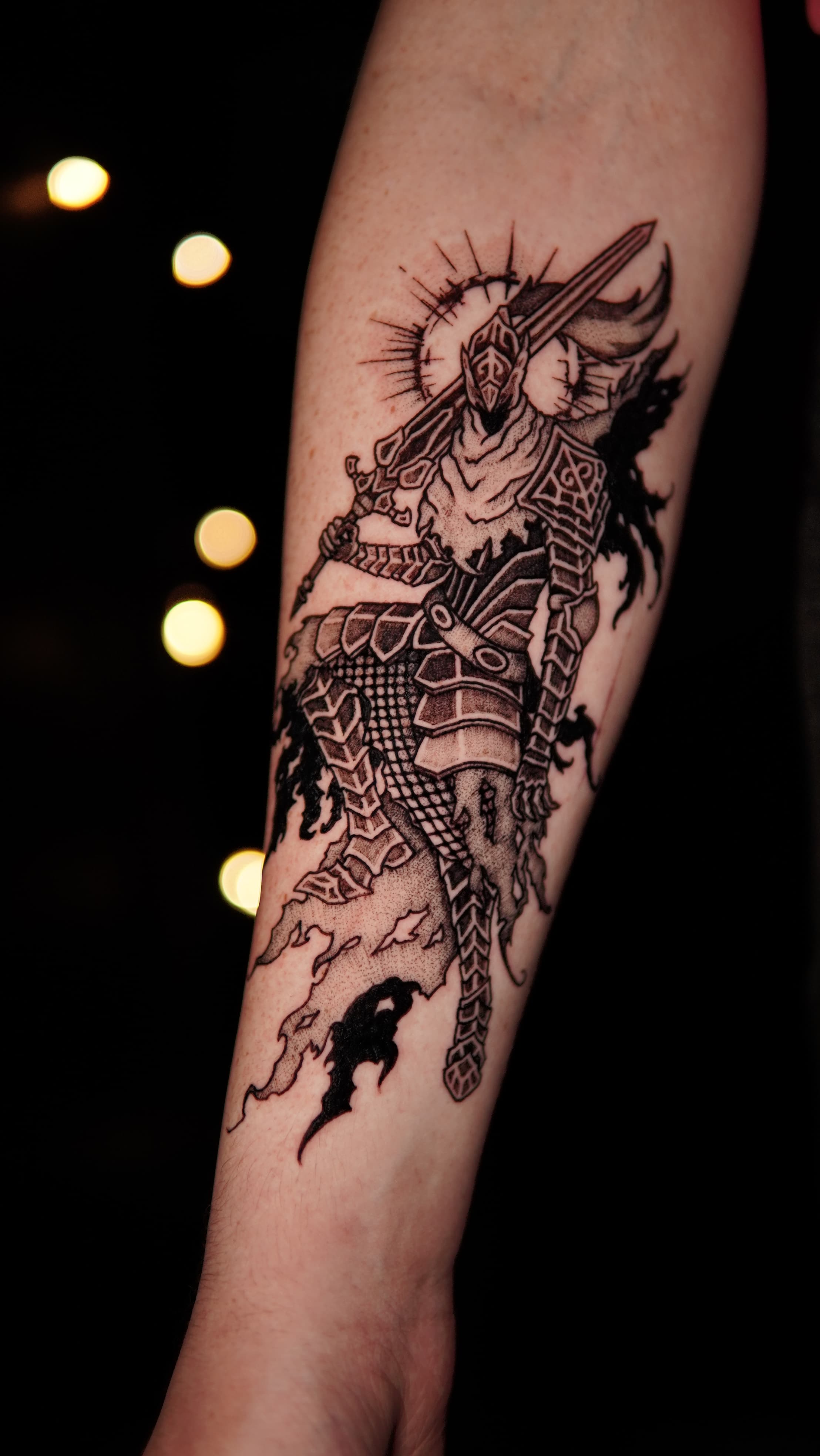 black and grey illustrative samurai warrior sword done on arm in toronto