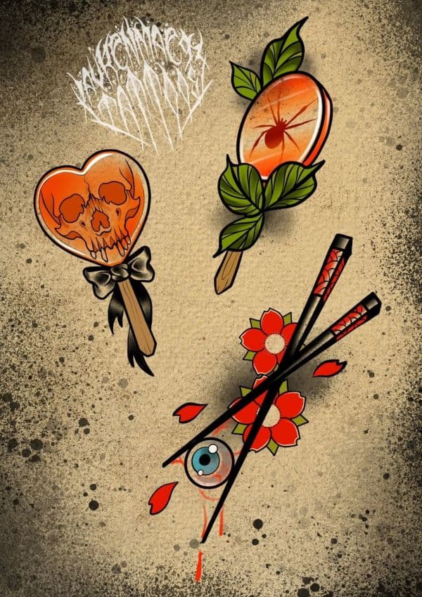 Tattoo-style art with skull lollipop, spider lollipop, and chopsticks with eyeball.