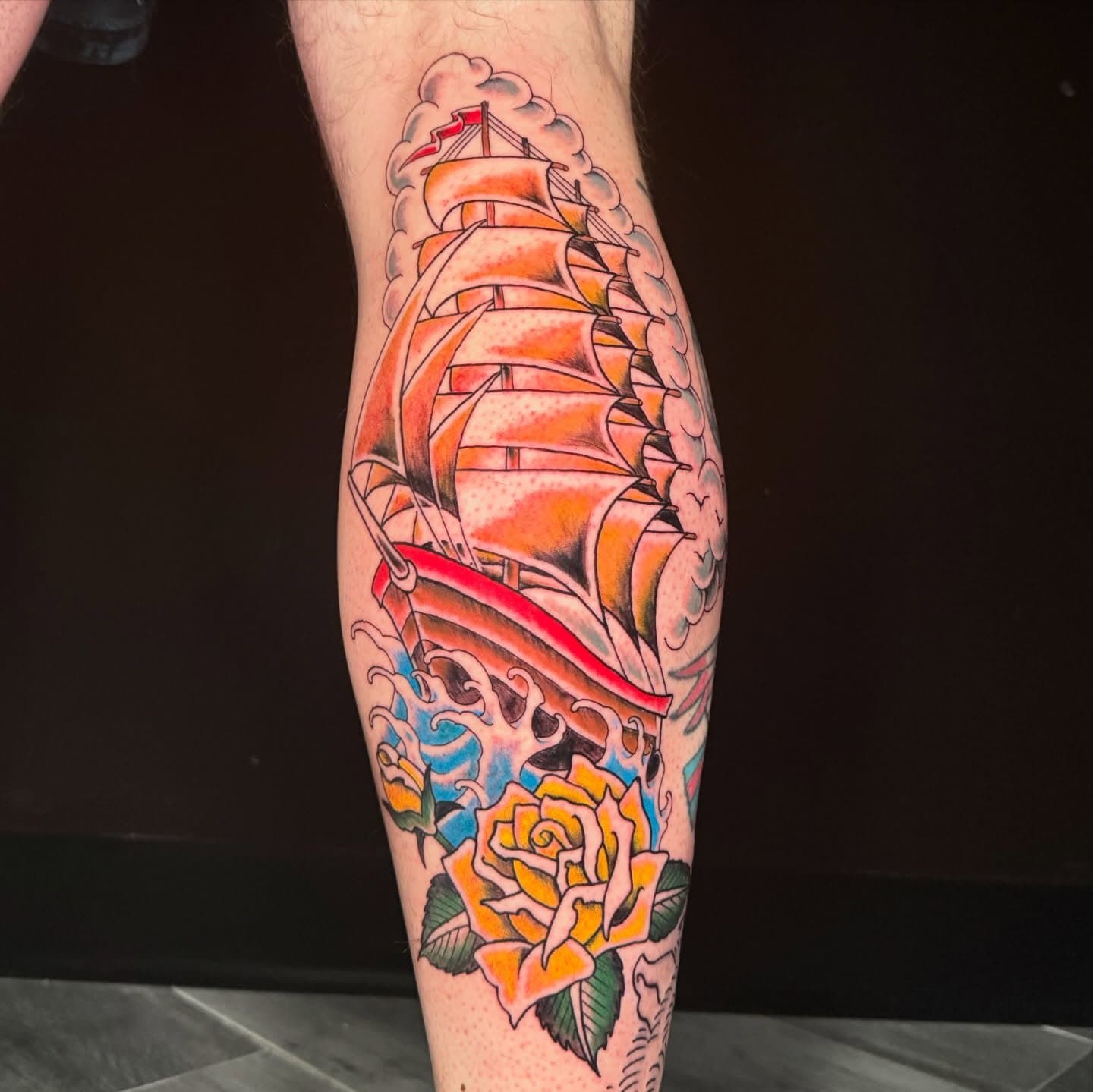 Ship for Dylan’s patchwork leg. . . #clippership #tattoo #tradworkers #calgary #okotoks