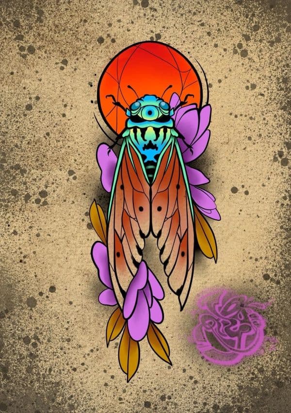 Colorful cicada illustration with flowers and a sun.