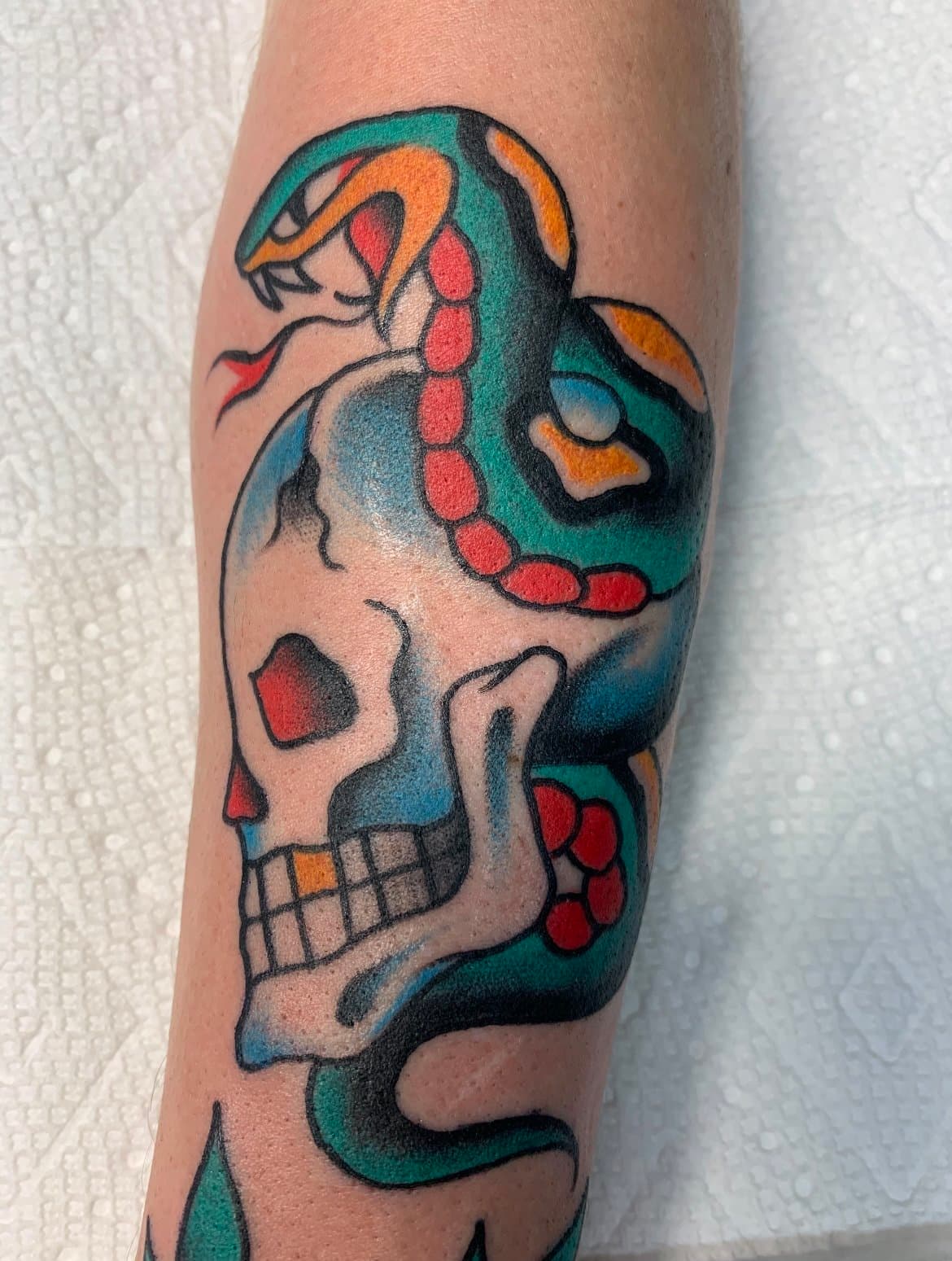 American traditional skull and snake tattoo done in Vancouver, BC