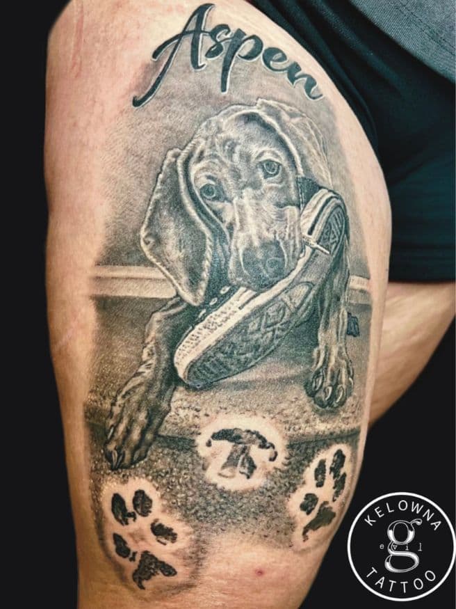 Realism memorial tattoo of a pet dog by Donavan Moore in Kelowna, BC.