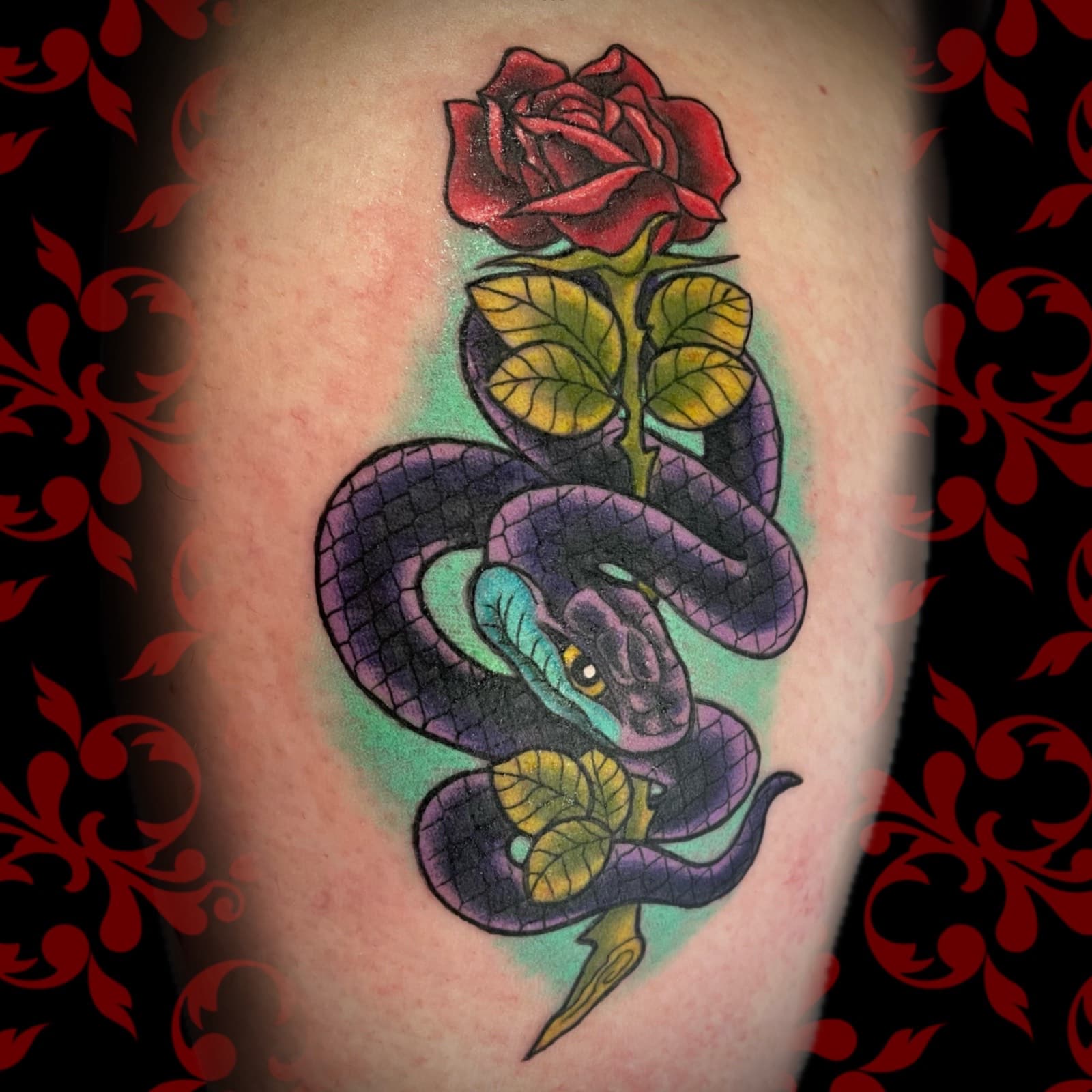 Jen Black Toronto tattoo artist tattooing out of Lewis Family Tattoo Company 2235A Dundas Street West colour tattoo