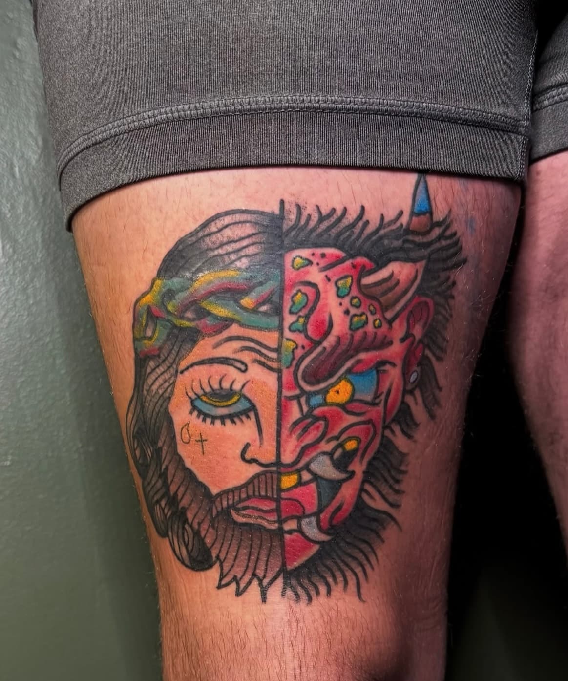 Traditional tattoo two face human devil colour tattoo Mad Rabbit thigh piece tattoo aftercare New Tribe Tattoo Heartless Ink Black Widow Tattoo MY Ink Tattoo Fl