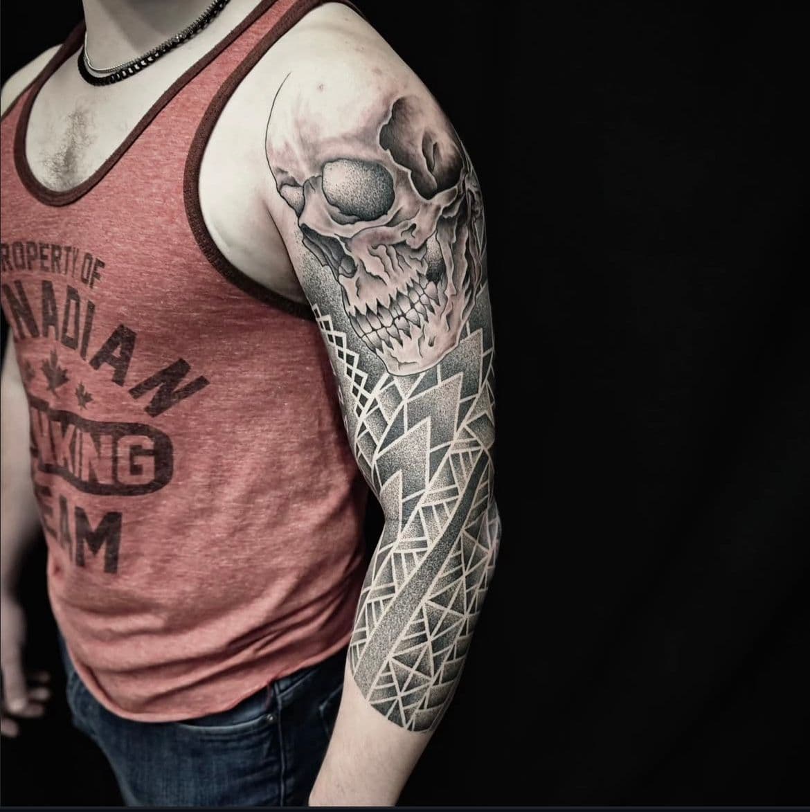 Skull and Geometric Dotwork Sleeve by Alex Arnautov at Black Gold Tattoo Co in Edmonton Alberta Canada