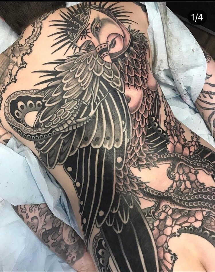 punk harpy back tattoo by Vancouver tattoo artist