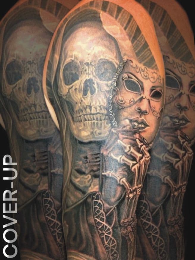 A realism tattoo of a skull wearing a mask of a lady tattoo by Donavan Moore in Kelowna, BC.