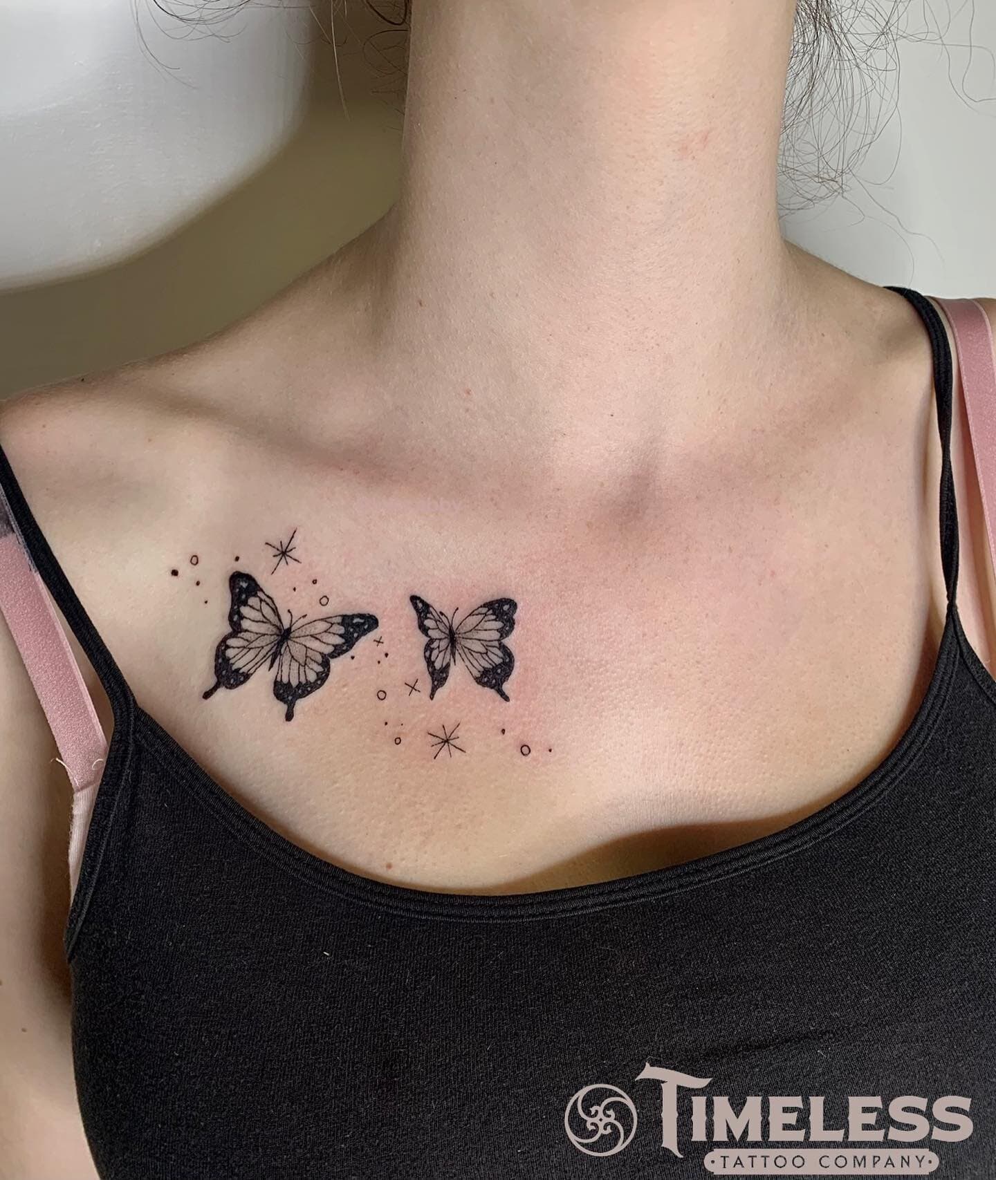 Butterflies for Mya 🦋 • @timeless_tattoo_company #durhamtattoo #butterflytattoo #collarbonetattoo #whitbytattoo