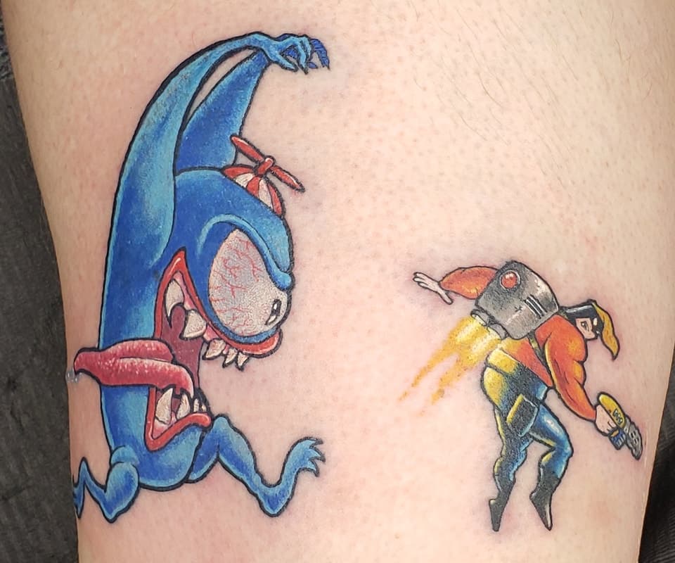 Blasto (PS1 game) jet-packing away from a blue cyclops in a propeller hat. In Dylan's preferred color style which adds dimension to 2D pop-art images.