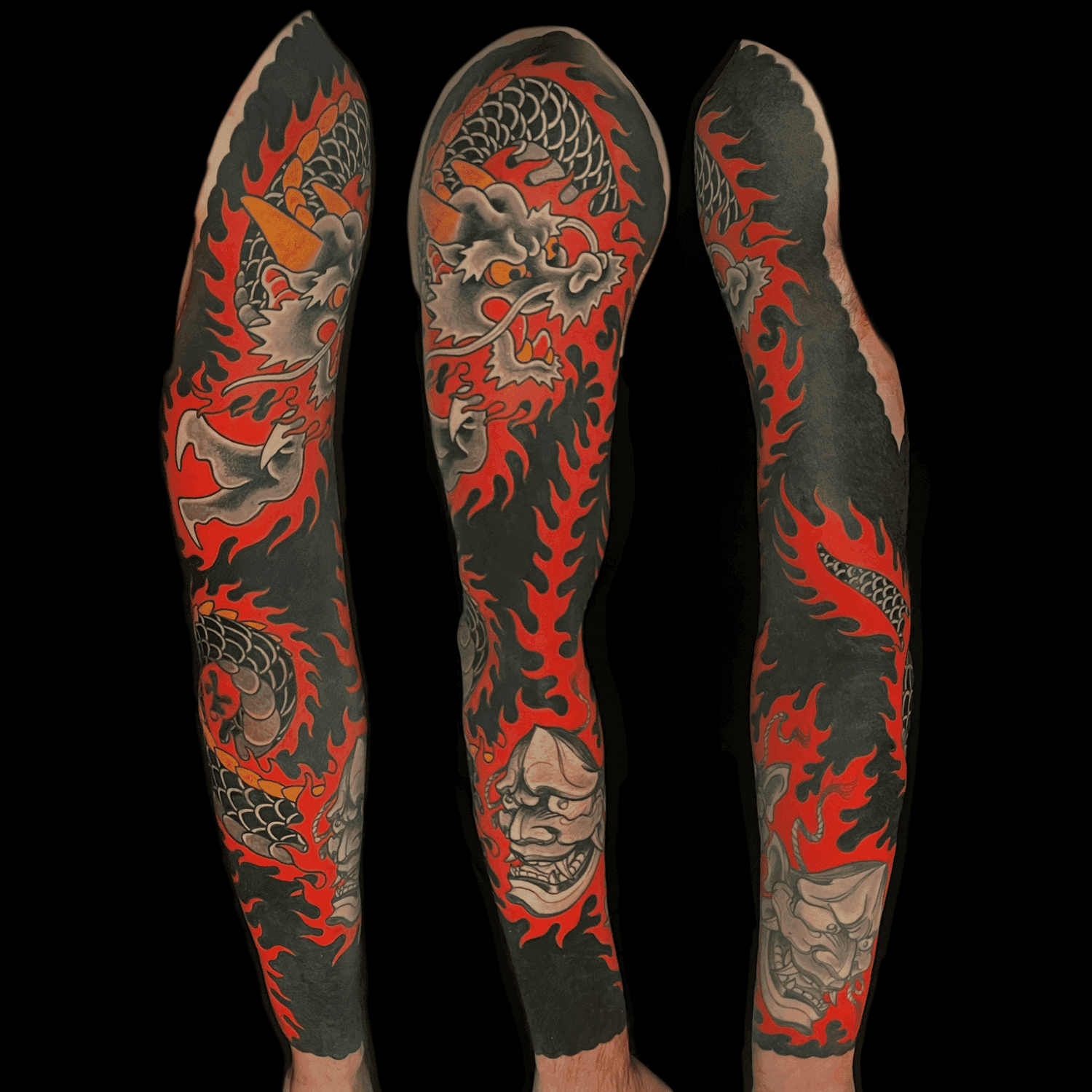 dragon flame hannya noh mask japanese traditional sleeve tattoo