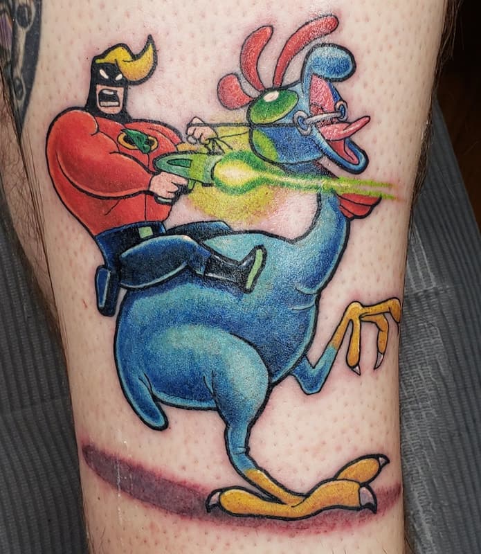 Blasto (PS1 game) Riding a space chicken. In Dylan's preferred color style which adds dimension to 2D pop-art images.