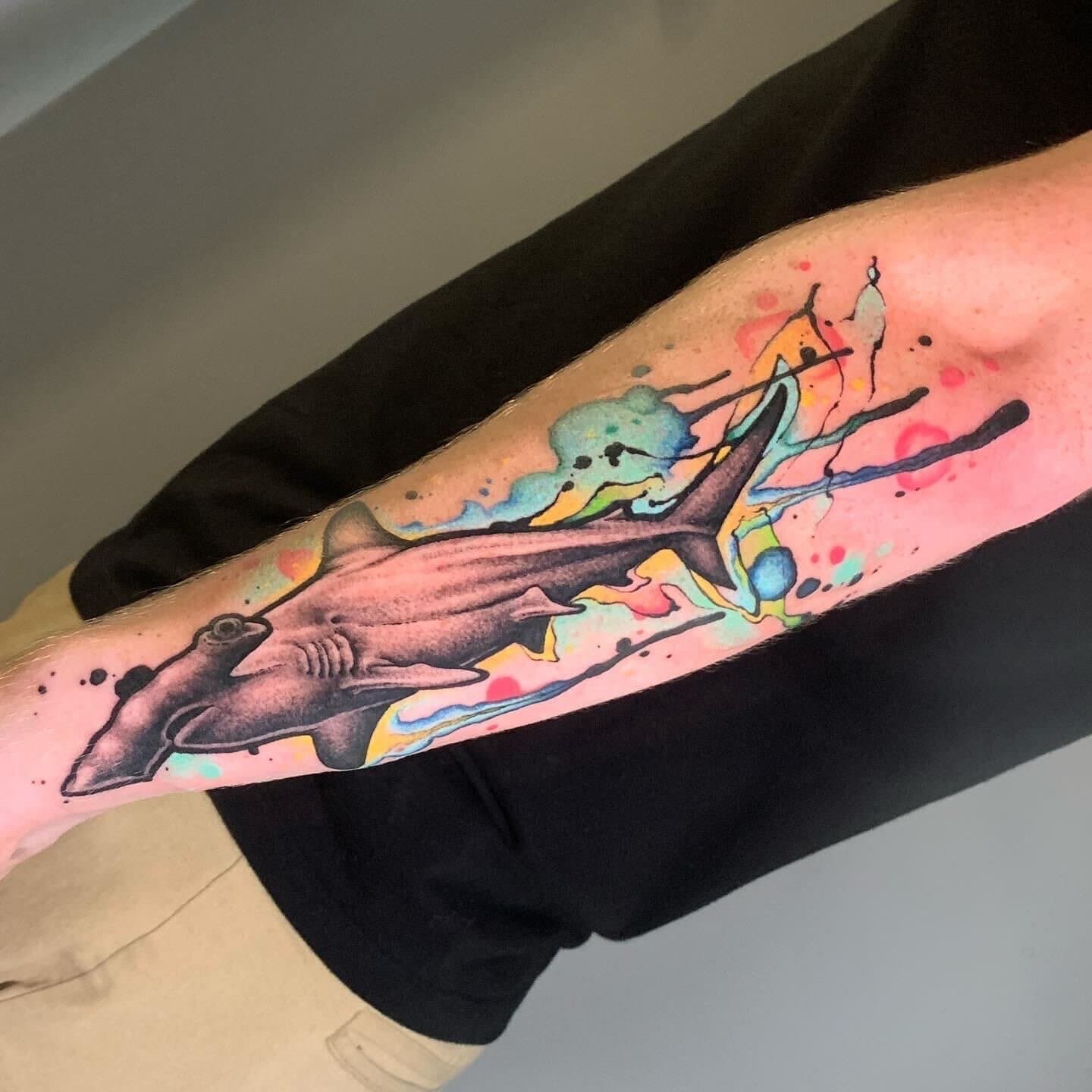 abstract, illustrative hammerhead shark tattoo
