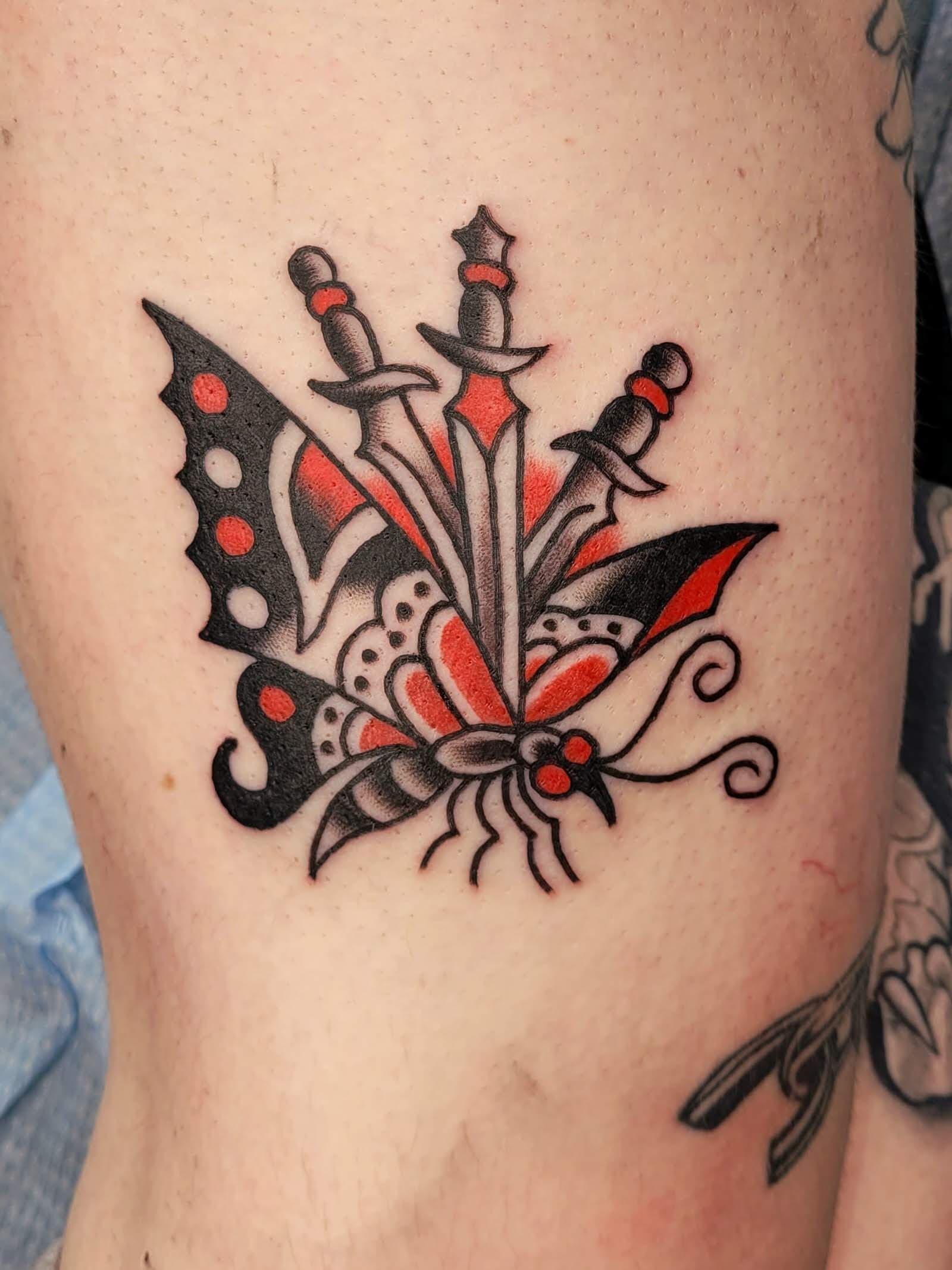 Butterfly sword tattoo trad montreal