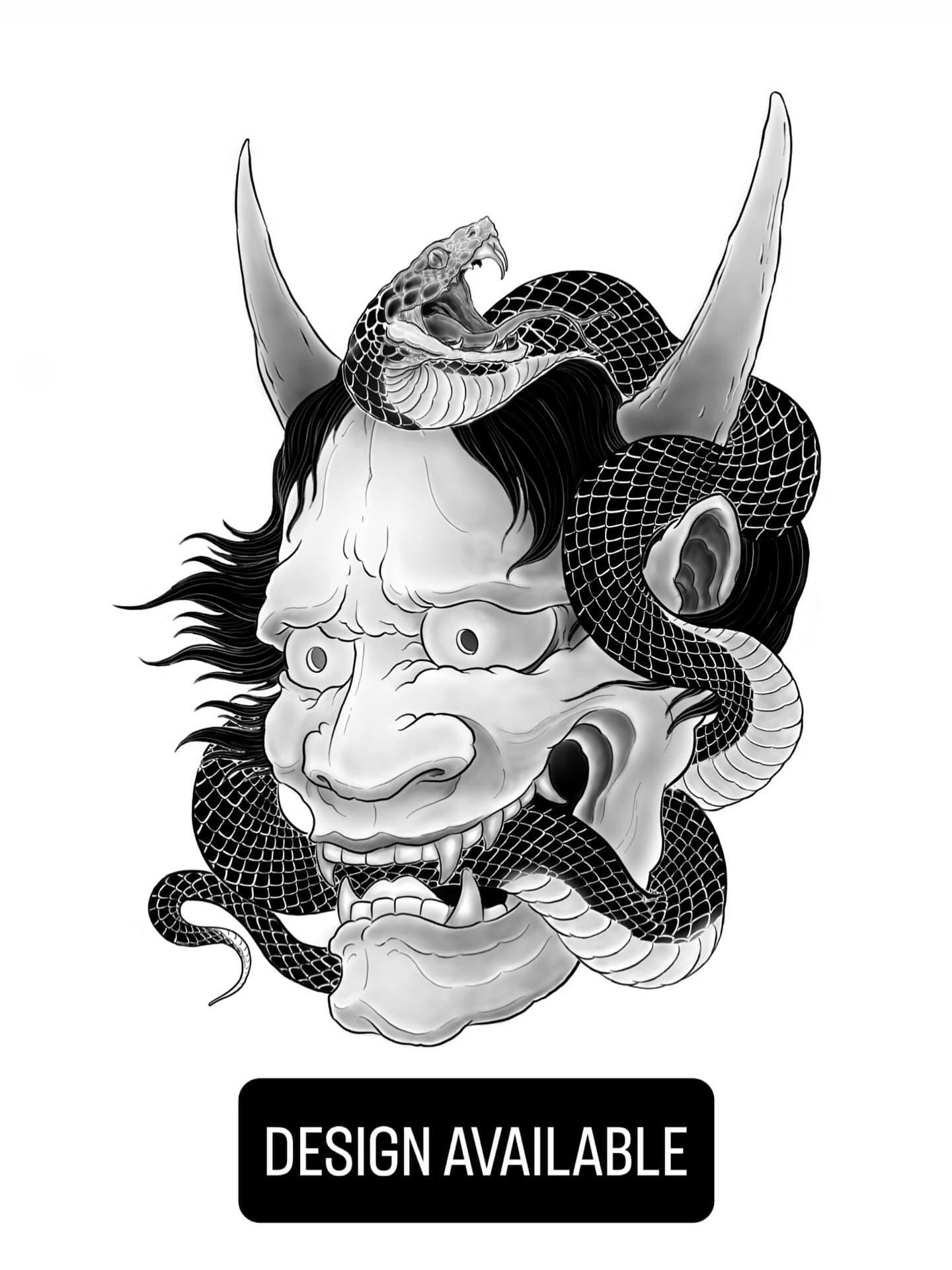 Hannya & Snake Design Available! 👹🐍 #hannyamasktattoo #hannyamask #snaketattoo #tattoo #tattoodesign #hamiltontattoo #hamiltonontario