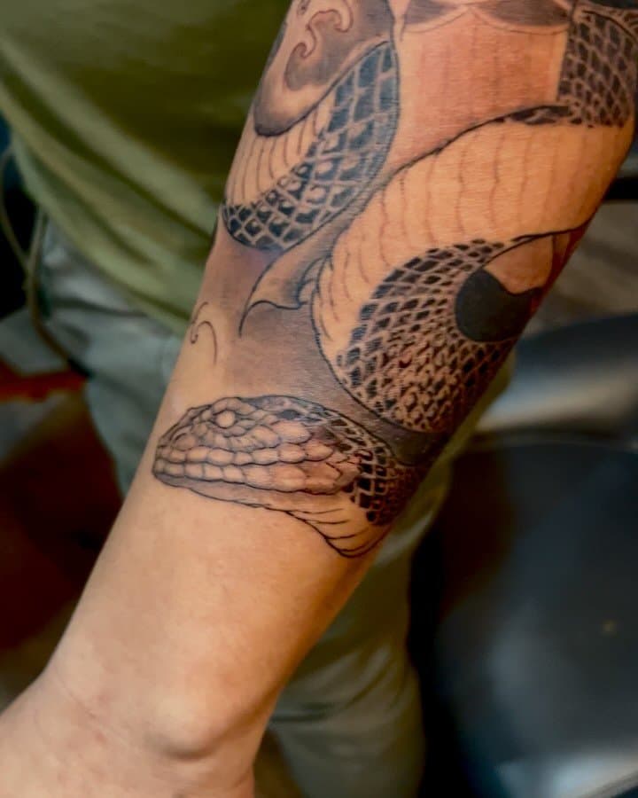 🐍 🐟 🪷 Twin Snakes & Koi sleeve Thank you again Benny! 🙏🏼 #snaketattoo #koitattoo #koifish #snakesleevetattoo #asiantattoo #asiansleeve #hamiltontattoo #hami