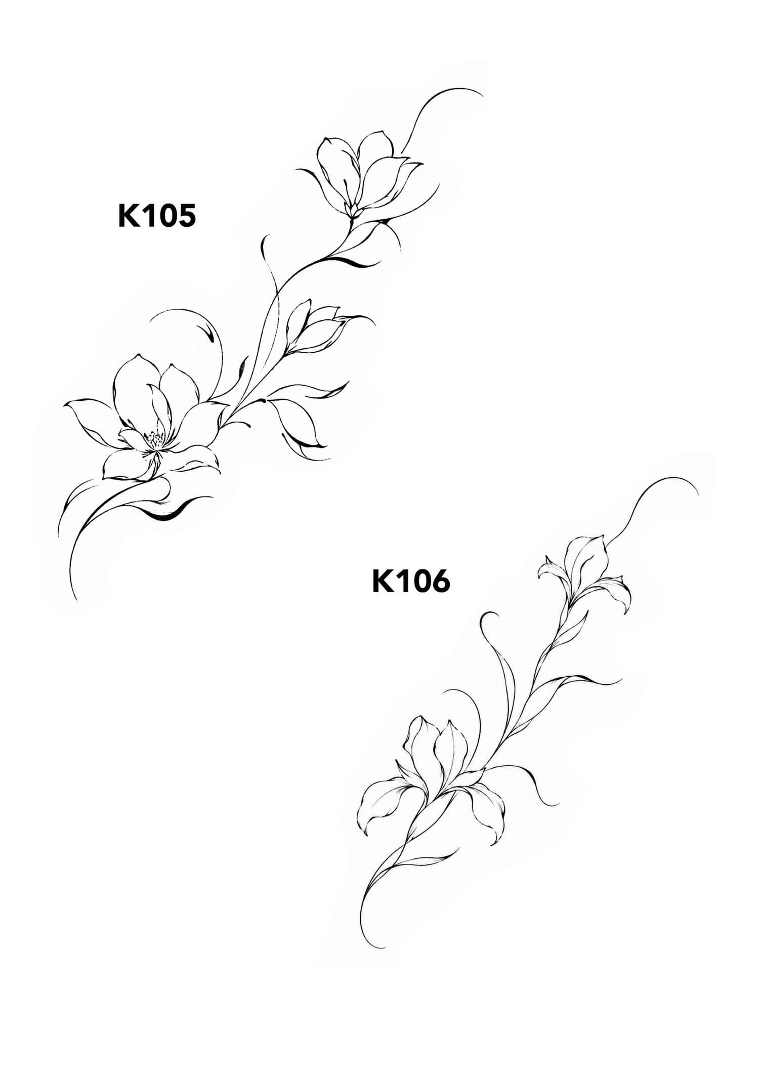 Outline drawing of flowers and leaves with labels K105 and K106.