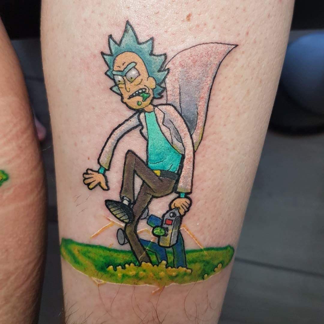 Tattoo of Rick Sanchez from Rick and Morty hopping into and interdimensional portal. 1 of 2 matching bff tattoos.