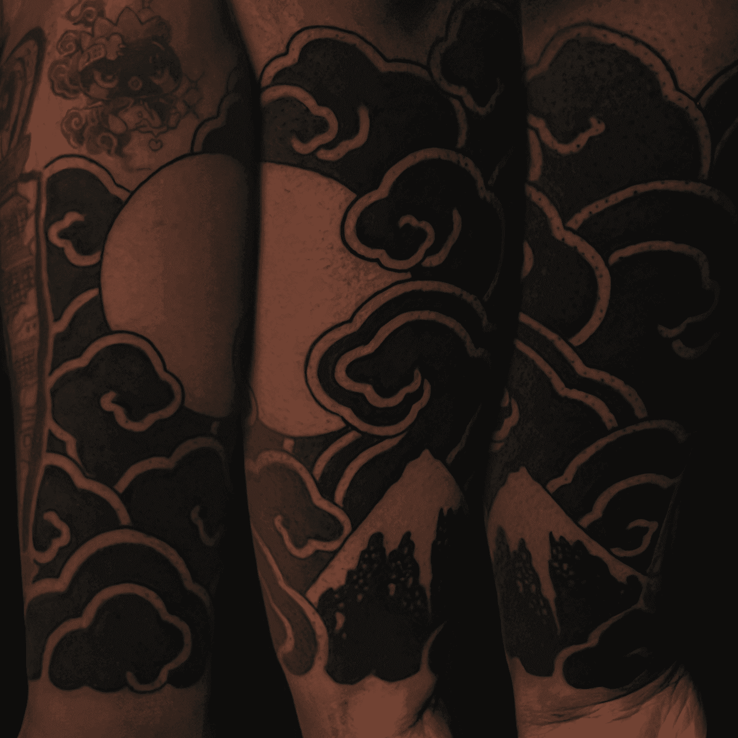 Mountain and moon Japanese traditional sleeve on dark skin