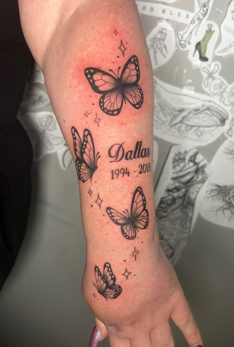 Fine line butterfly tattoo by Hailey at Motor City Tattoo Studio in Oshawa, serving Durham Region.