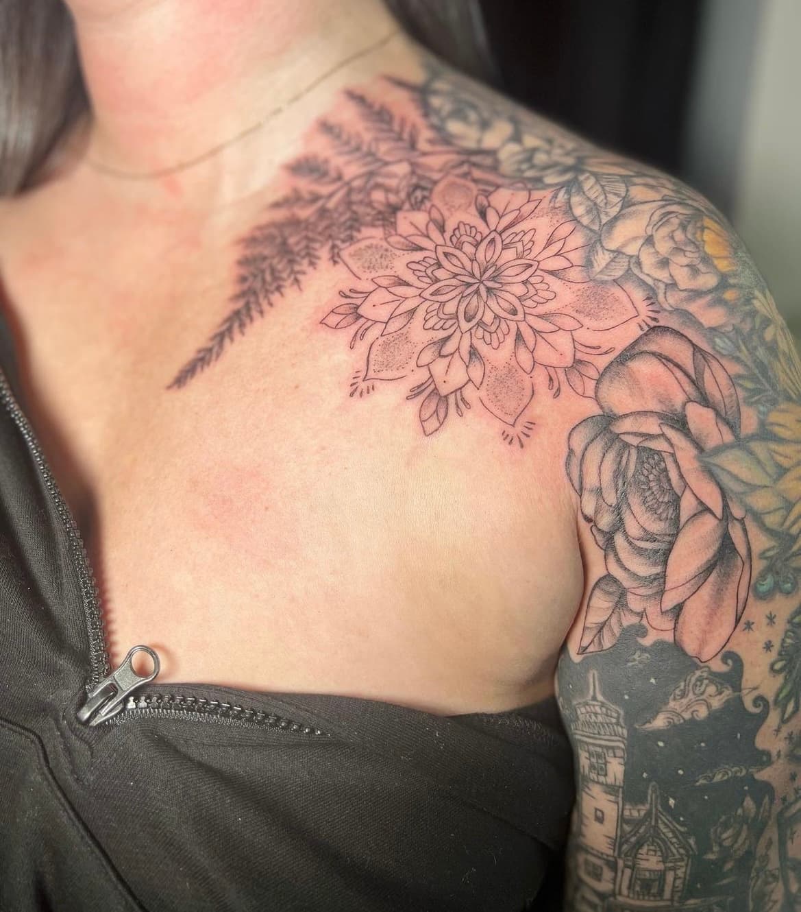 Autumn Gallacher Fine line black work fern leaf floral flower tattoo Barrie