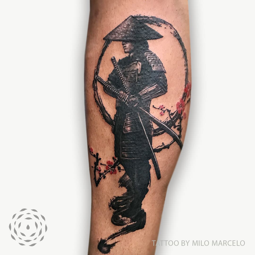 Black-and-grey standing samurai with two swords and sparse red blossom accents