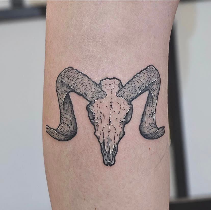 Tattoo of a ram's skull with large, curved horns on a person's arm.