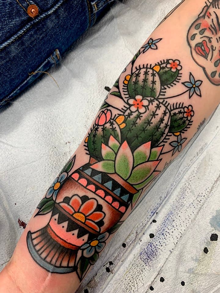 traditional cactus in vase tattoo