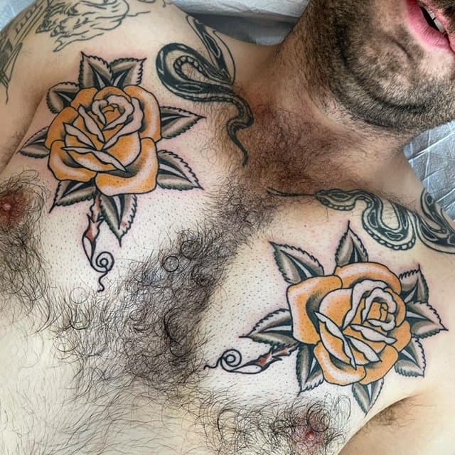 traditional rose, peck tattoos