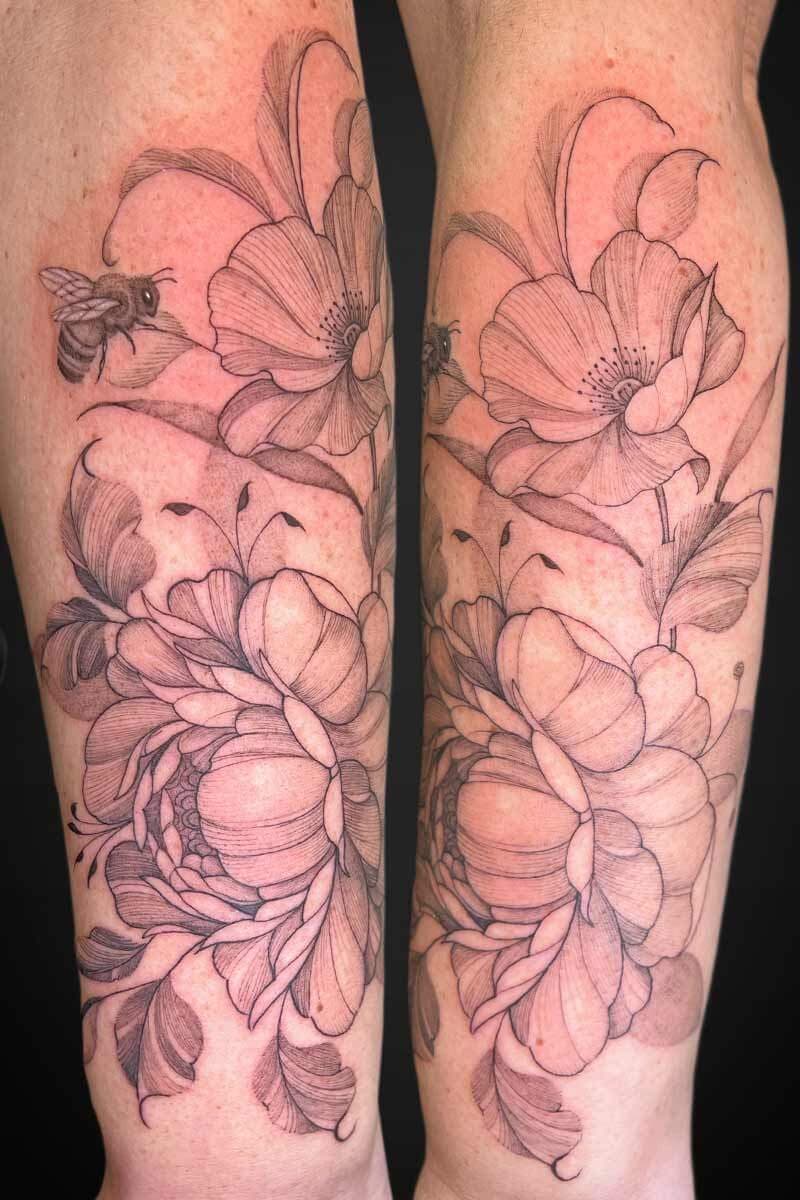 Atticus Tattoo| Fineline tattoo of a peony, poppy and a bee