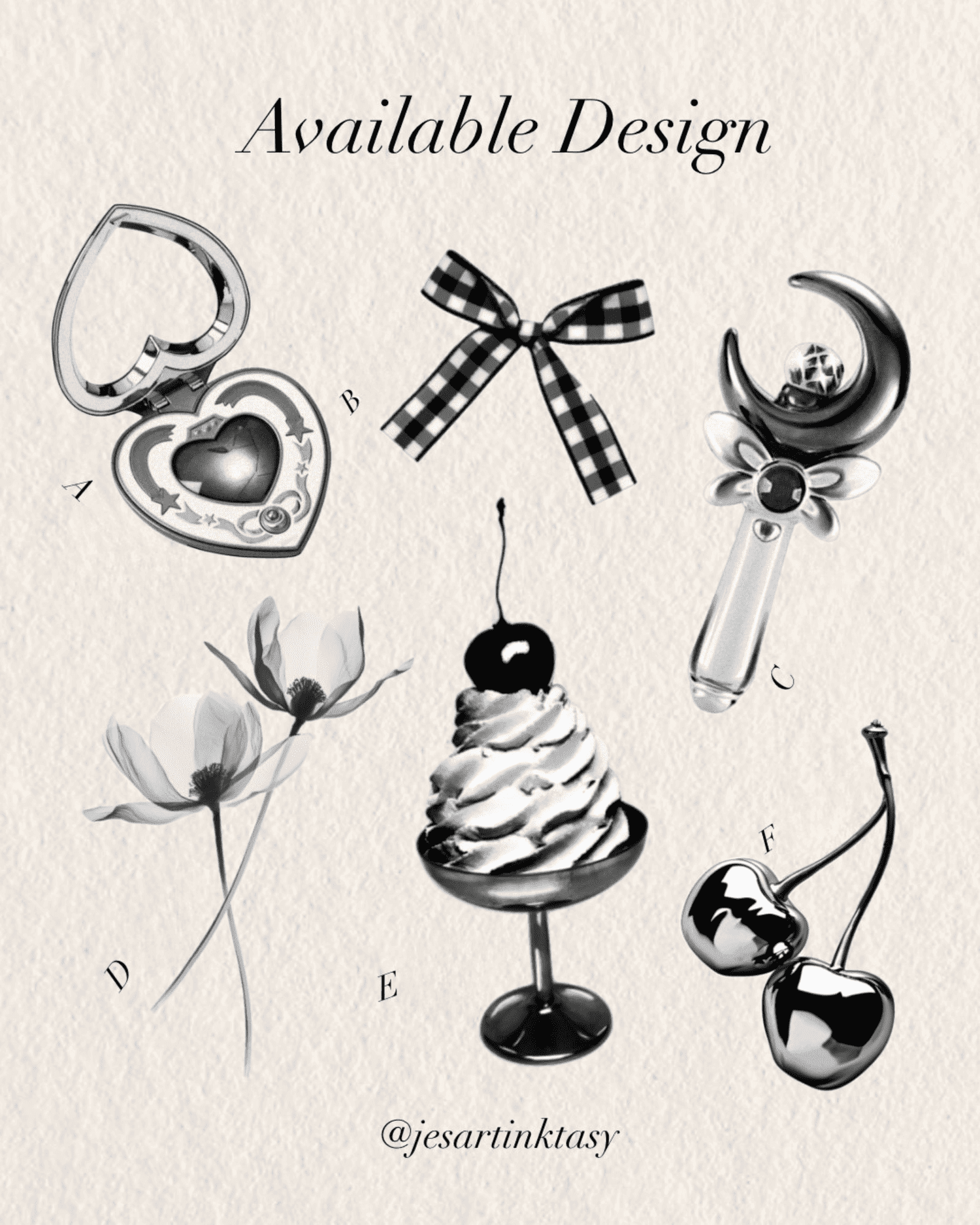 Black and white image featuring various items labeled A to F, including a heart locket, a bow, a crescent moon with a ball, a flower, a sundae with cherry, and