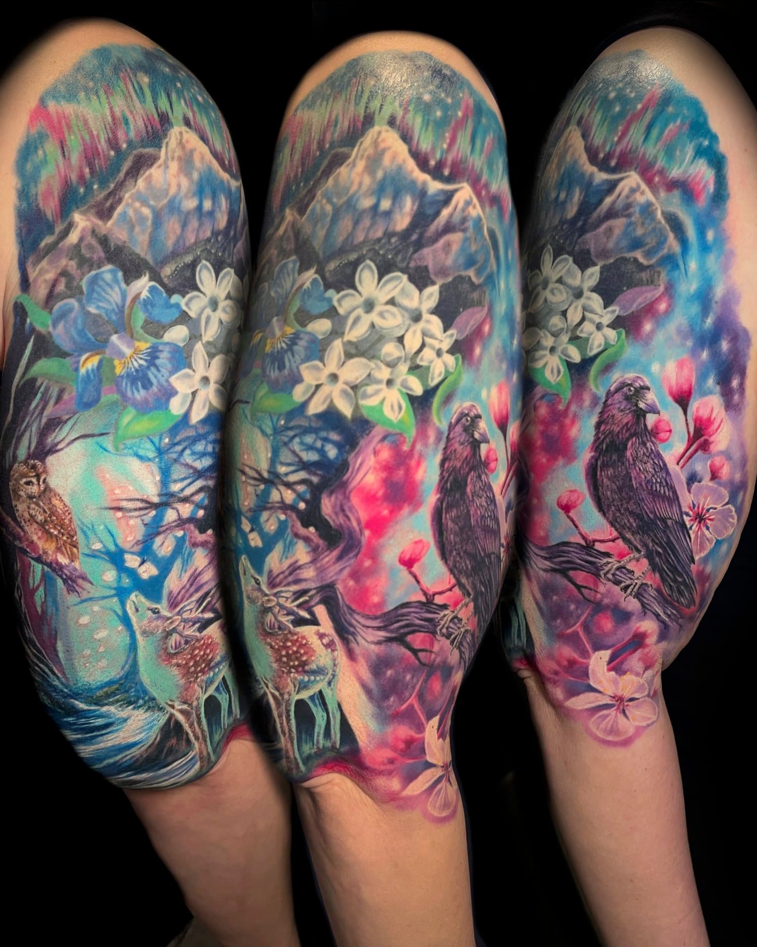 Three-view composite of a colourful upper-arm scene with mountains, aurora, flowers, owl, deer, and crow