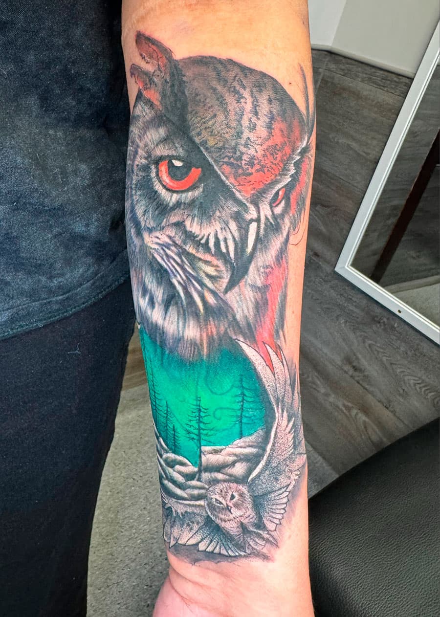 Owl tattoo by Harrison Ortega