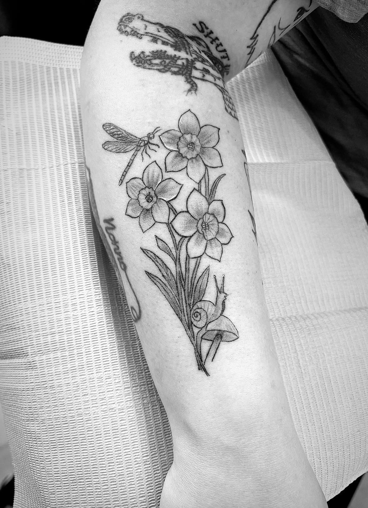 Daffodil and Dragonfly Tattoo