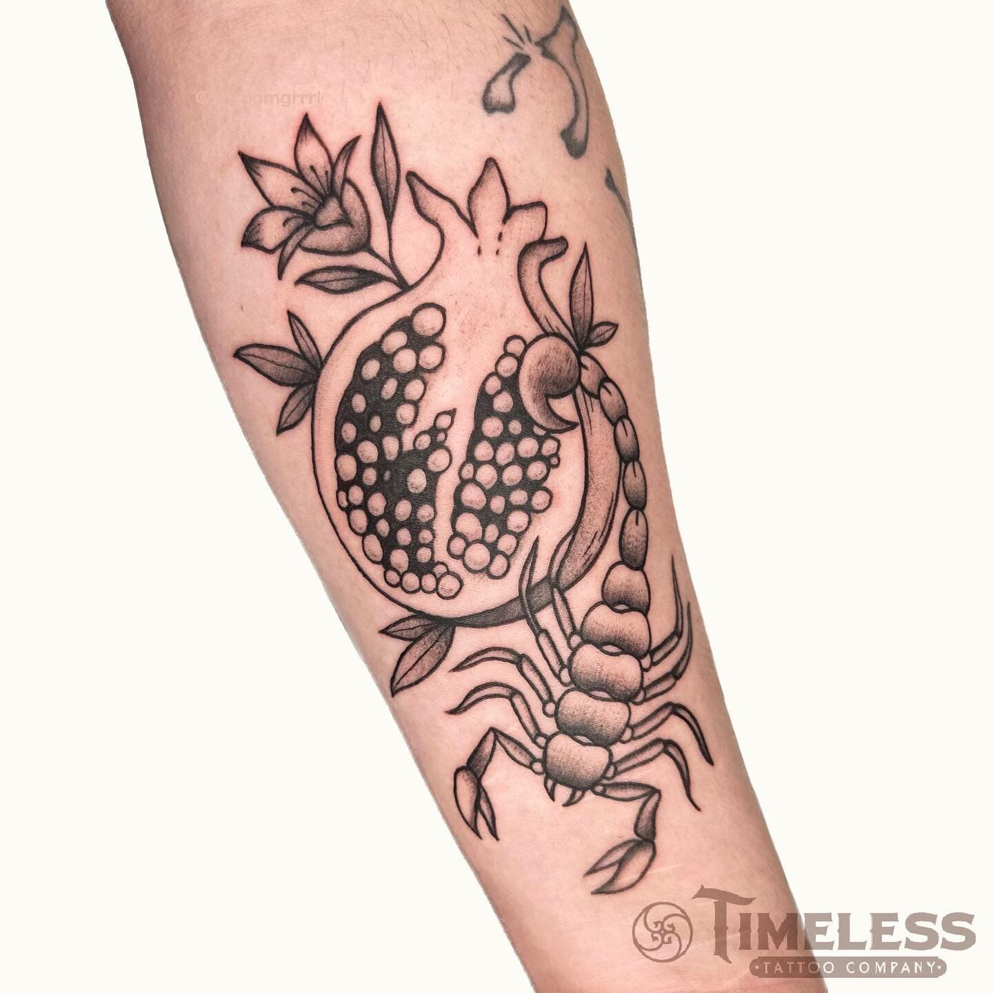 Scorpion and pomegranate design for Parker🌟 For bookings and inquiries, please call or text the shop 905 435 7551 #flashtattoos #flashsheets #tattooartwork #tat