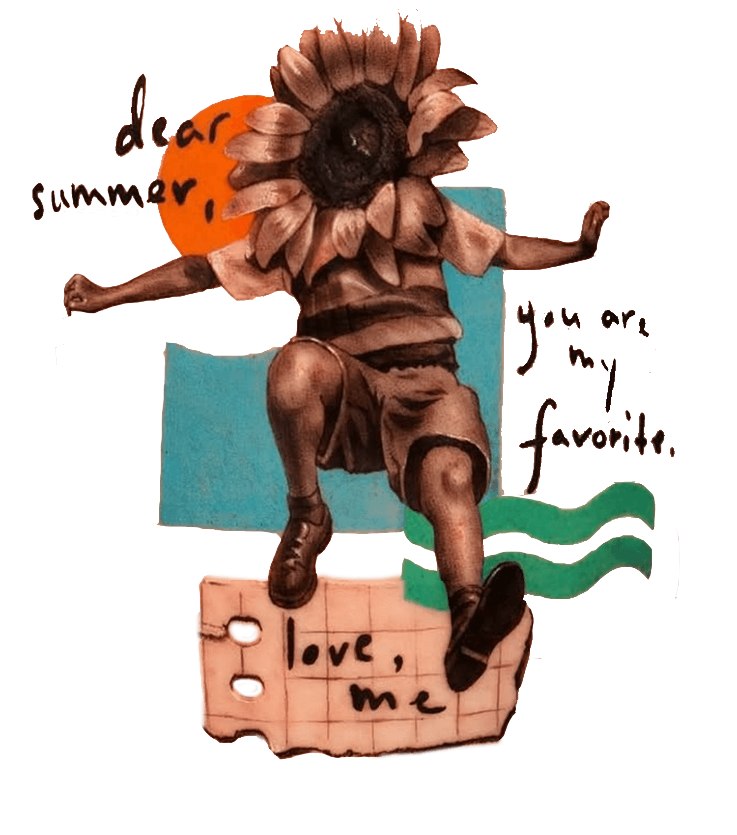 A mixed-media art piece depicting a human body with a sunflower as a head, sitting on a block with handwritten words 'love, me' and a heart drawing. The sunflow