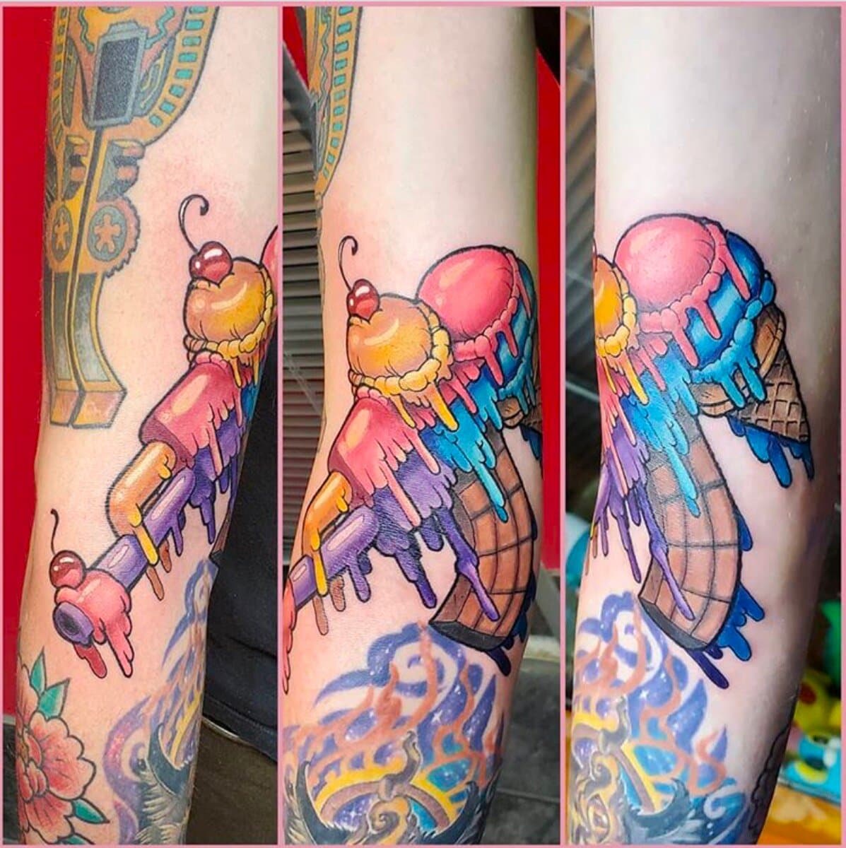 Three-view composite of melting rainbow ice-cream cones on an arm