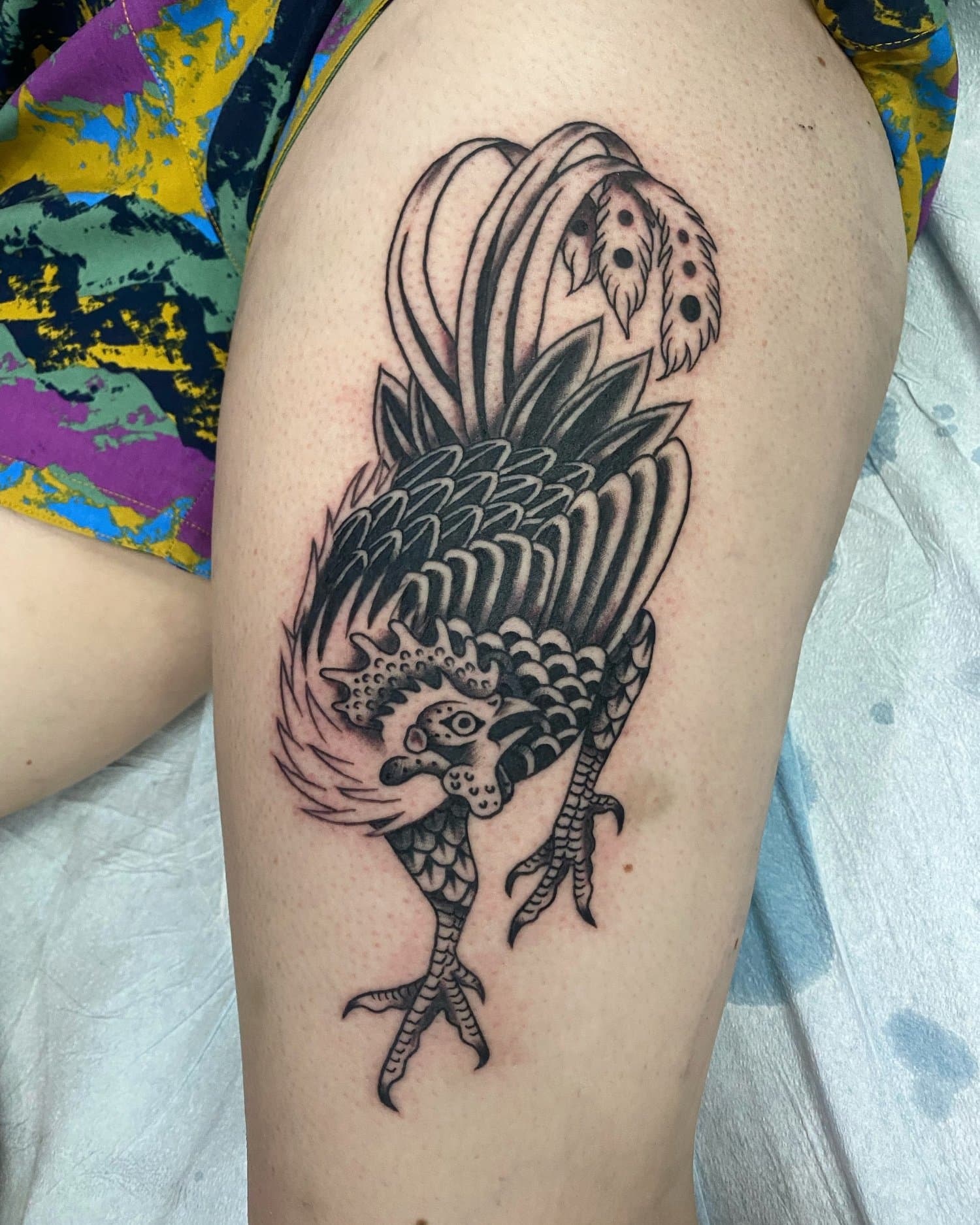 Black and grey traditional rooster tattoo by Vancouver tattoo artist Hannah Prive