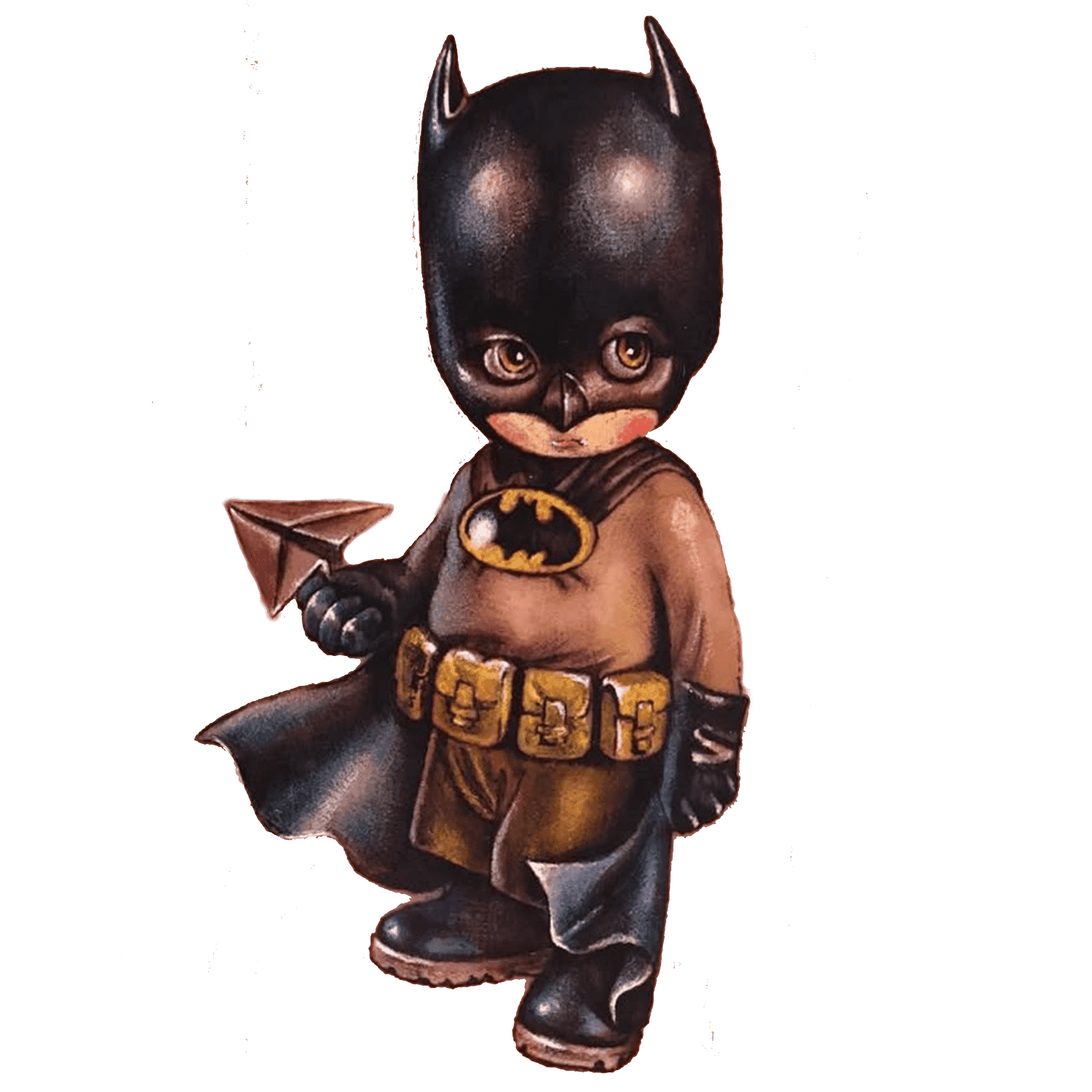 A stylized cartoon baby dressed as Batman with a black mask and bat emblem, holding a batarang, wearing a cape, gloves, and utility belt.
