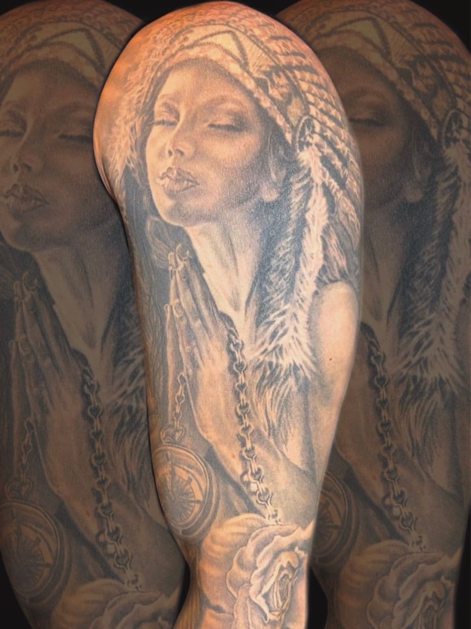 indian prayers tattoo by donavan moore