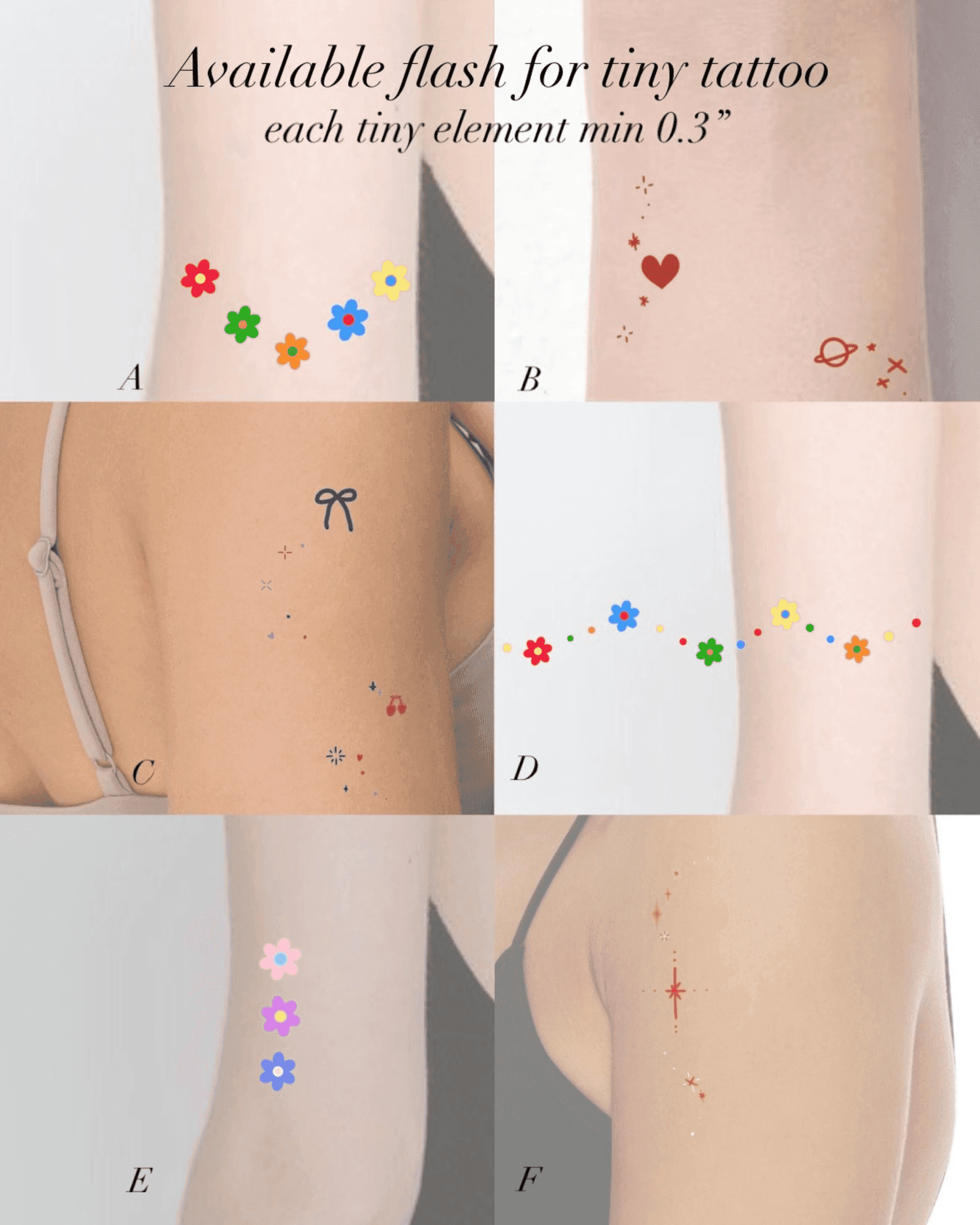 Close-up of a person's skin with various temporary tattoo designs shown on different parts of the body, featuring colorful flowers, a bow, a heart, planets, and