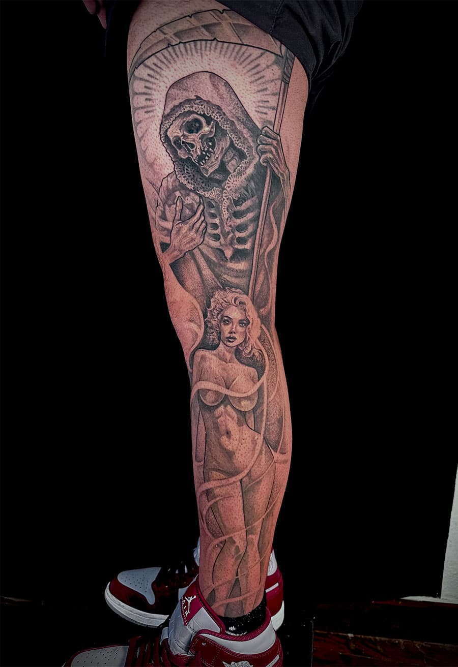 Grim reaper and woman tattoo by Gunnar