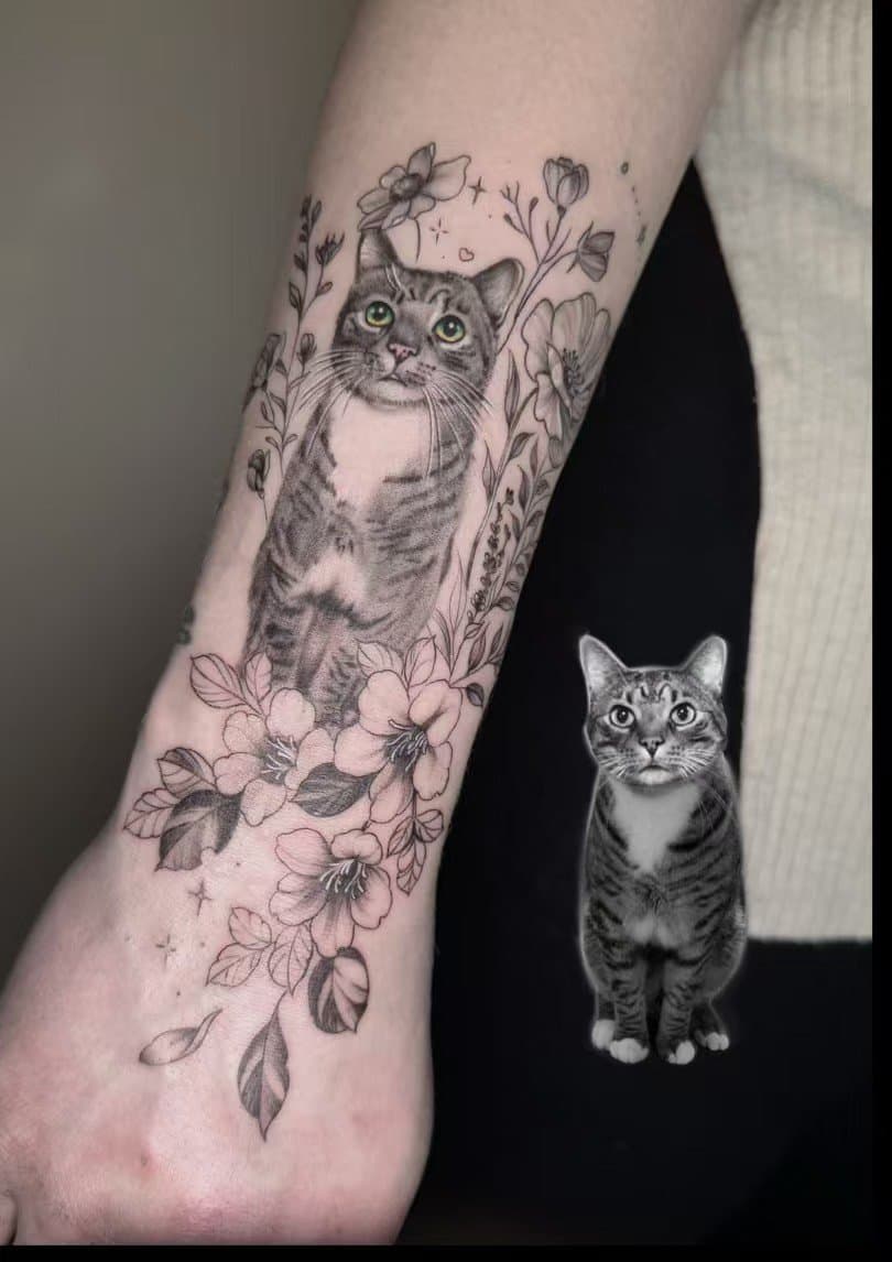 Black-and-grey tabby cat portrait surrounded by detailed flowers with green eye accents
