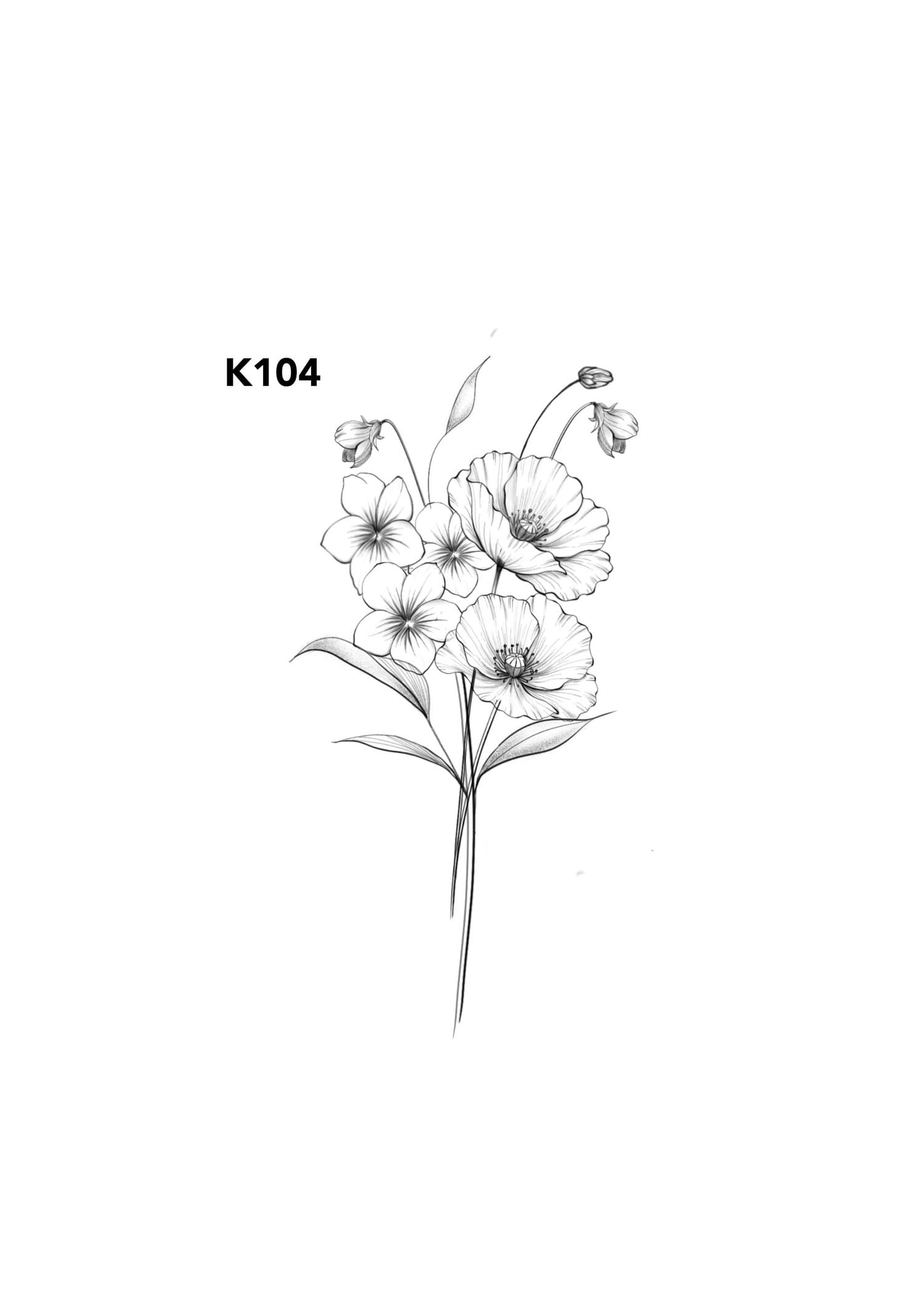 Black and white illustration of a flowering plant with multiple blooms and leaves, labeled K104.