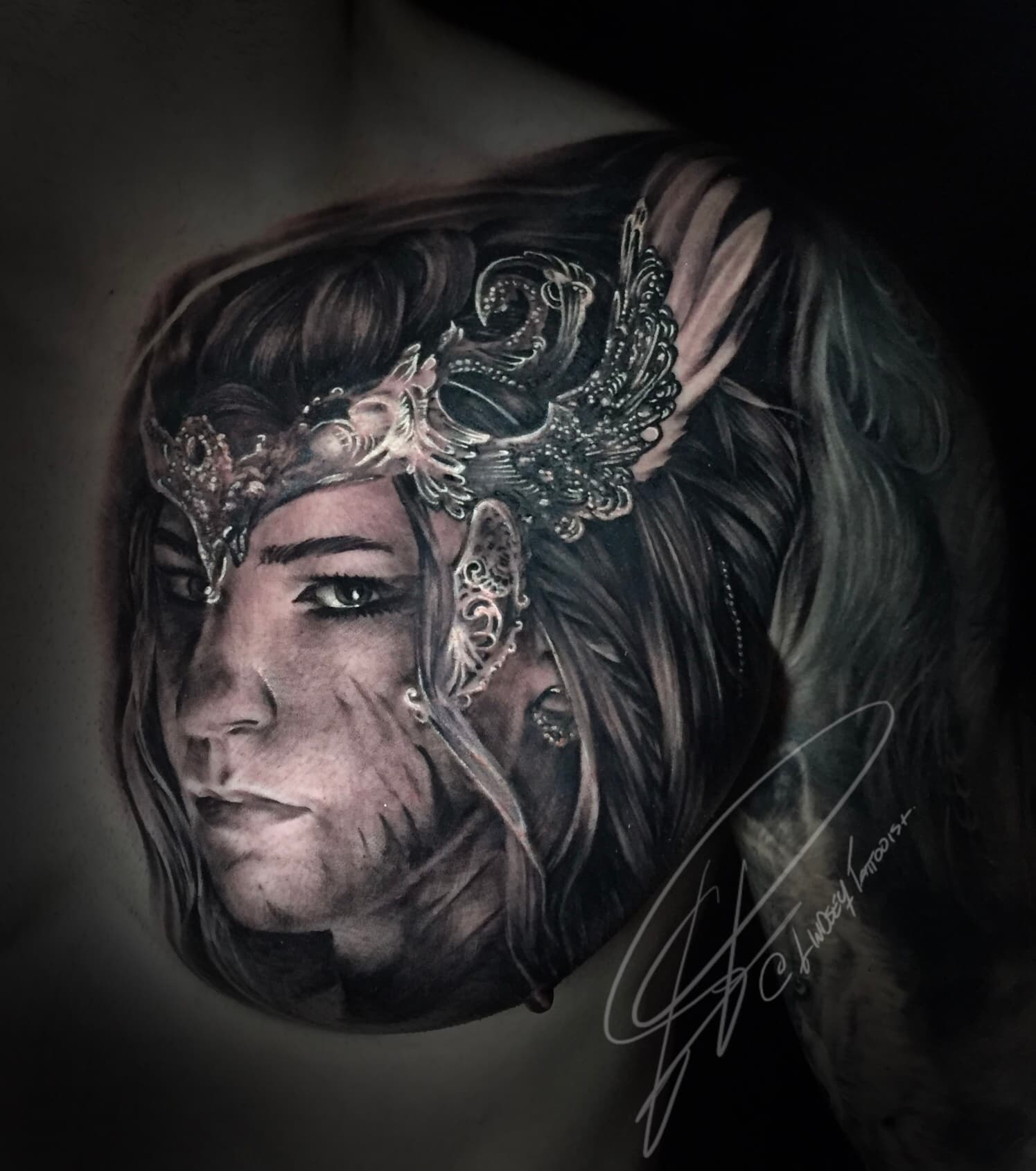 Completed black-and-grey portrait tattoo in Lindsey Pergentile's official portfolio