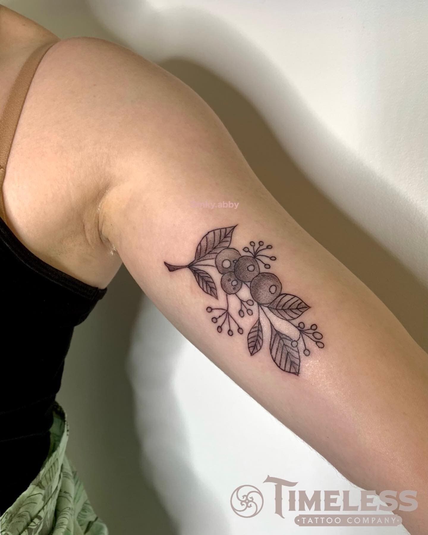 Cute little blueberry branch for @e.hale01 from @shroomgrrrl flash! 🫐 • @timeless_tattoo_company #flashtattoo #torontotattoo #durhamtattoo #whitbytattoo