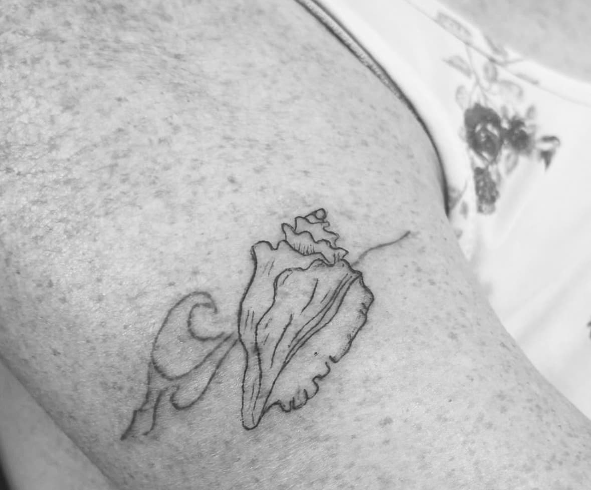 Wave and Shell Fine Line Tattoo