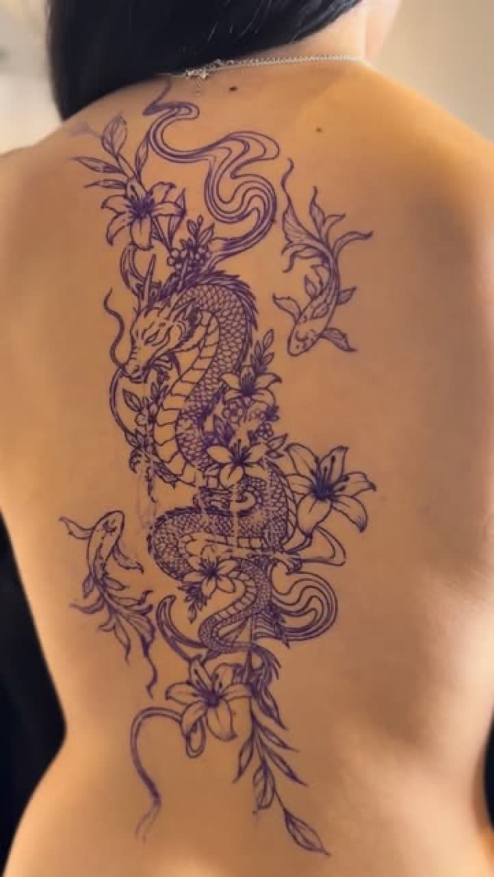 Fine line dragon, koi and lilies tattooed down a back