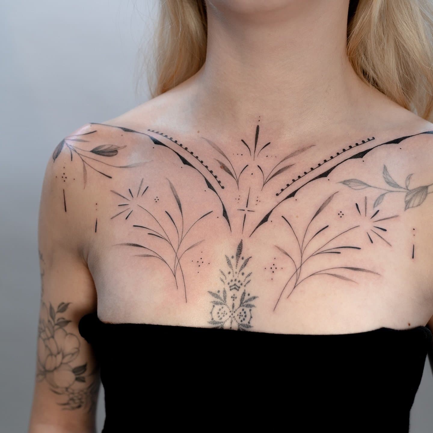 Delicate fine-line ornamental chest tattoo for Morgan, thank you so much! ♥