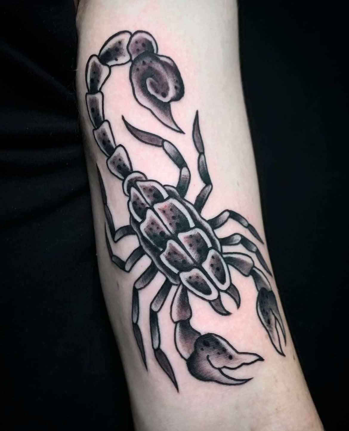 Scorpion, traditional black work tattoo done in Vancouver, BC